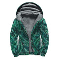Watercolor Tropical Leaf Pattern Print Sherpa Lined Zip Up Hoodie