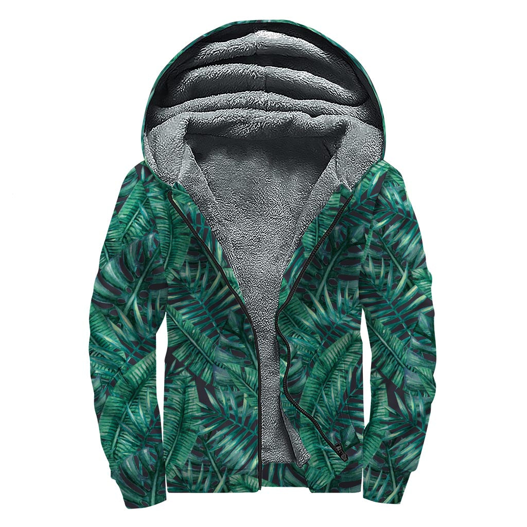 Watercolor Tropical Leaf Pattern Print Sherpa Lined Zip Up Hoodie