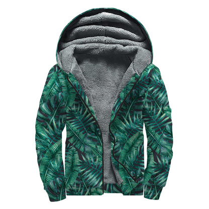 Watercolor Tropical Leaf Pattern Print Sherpa Lined Zip Up Hoodie