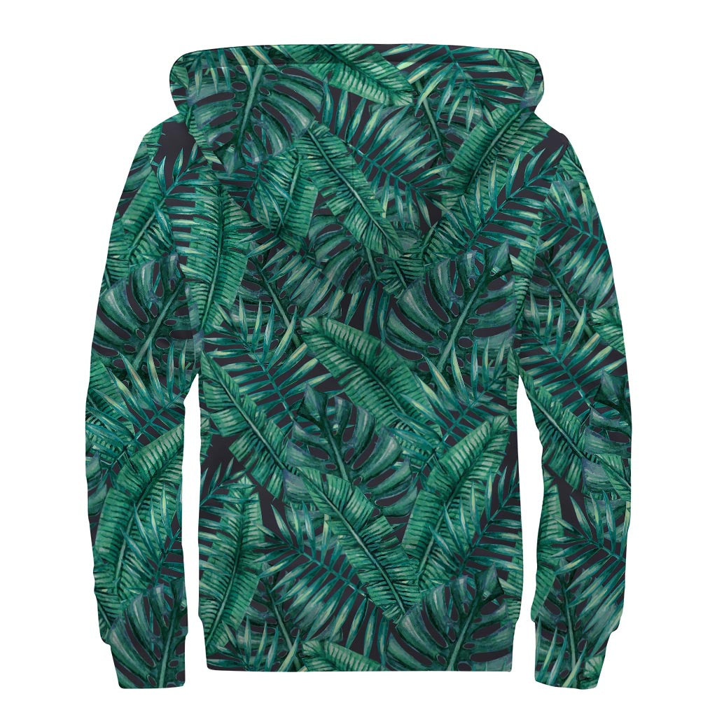 Watercolor Tropical Leaf Pattern Print Sherpa Lined Zip Up Hoodie
