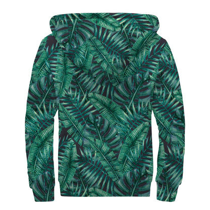 Watercolor Tropical Leaf Pattern Print Sherpa Lined Zip Up Hoodie