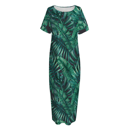 Watercolor Tropical Leaf Pattern Print Short Sleeve Long Nightdress