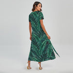 Watercolor Tropical Leaf Pattern Print Short Sleeve Maxi Dress