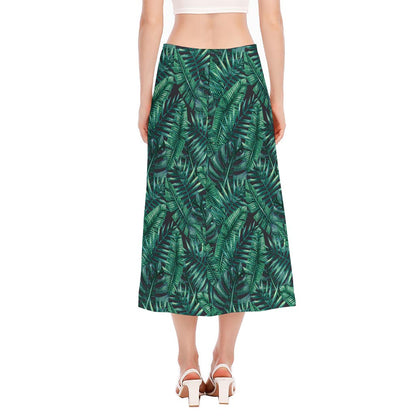 Watercolor Tropical Leaf Pattern Print Side Slit Midi Skirt
