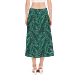 Watercolor Tropical Leaf Pattern Print Side Slit Midi Skirt