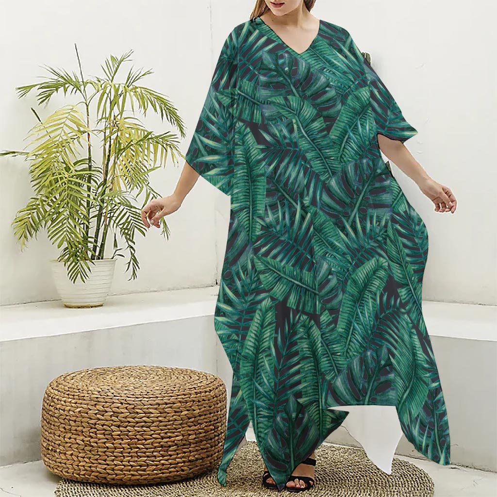 Watercolor Tropical Leaf Pattern Print Silk V-Neck Kaftan Dress