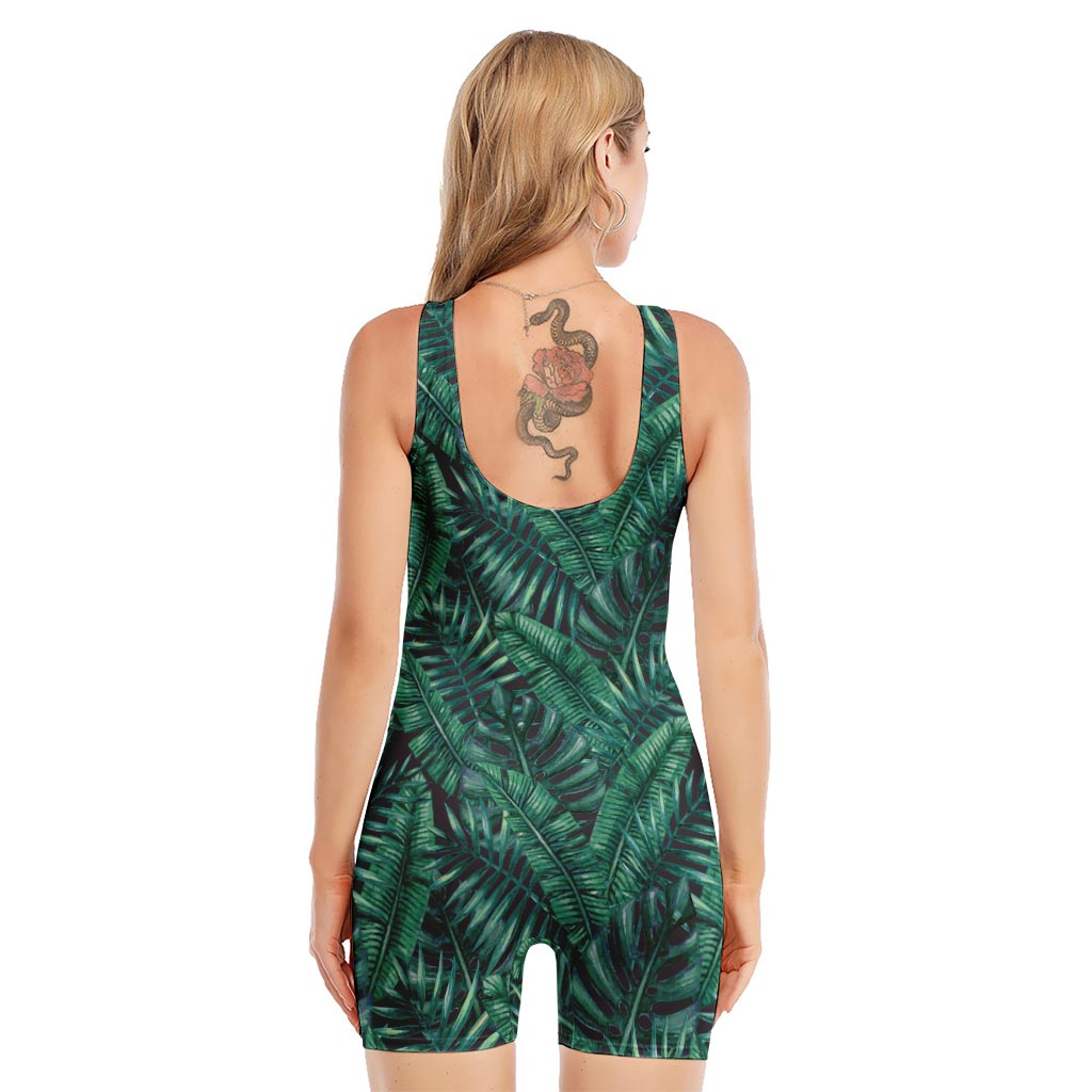 Watercolor Tropical Leaf Pattern Print Sleeveless One Piece Swimsuit