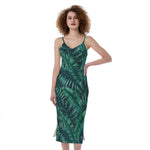Watercolor Tropical Leaf Pattern Print Slim Fit Midi Cami Dress