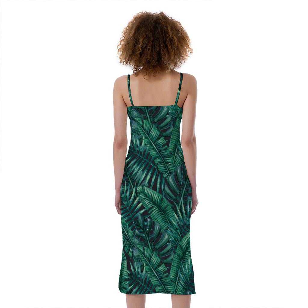 Watercolor Tropical Leaf Pattern Print Slim Fit Midi Cami Dress
