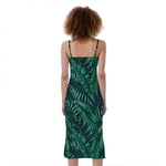 Watercolor Tropical Leaf Pattern Print Slim Fit Midi Cami Dress