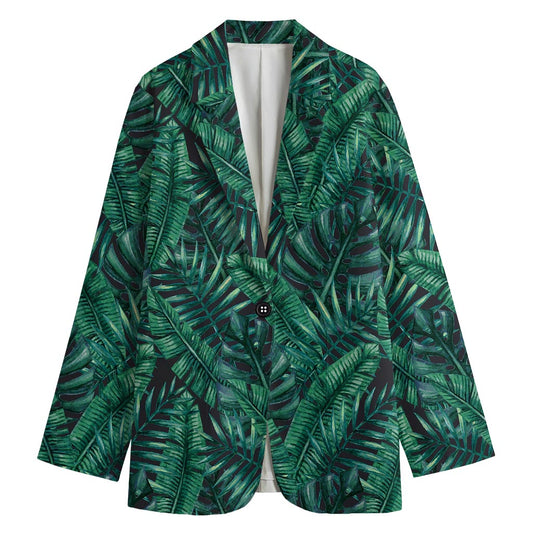 Watercolor Tropical Leaf Pattern Print Women's Cotton Blazer