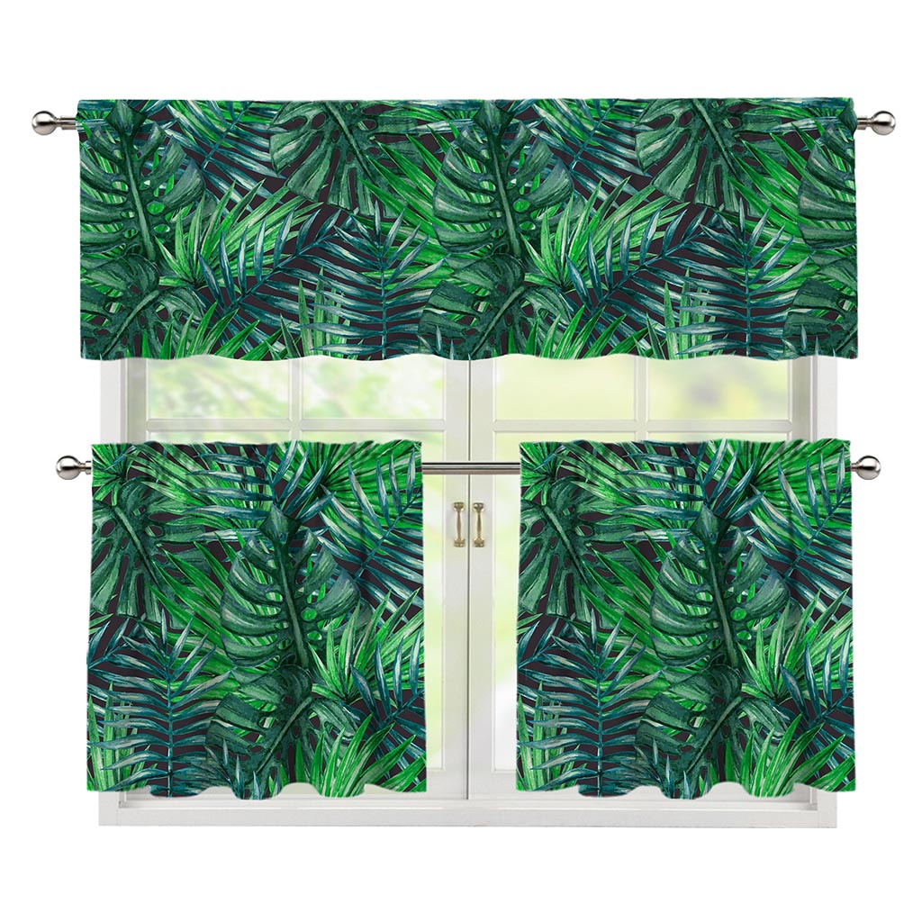 Watercolor Tropical Leaves Pattern Print 3 Piece Kitchen Curtains