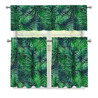 Watercolor Tropical Leaves Pattern Print 3 Piece Kitchen Curtains
