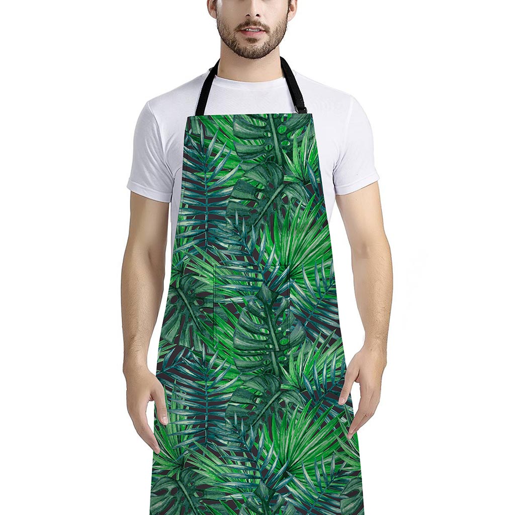 Watercolor Tropical Leaves Pattern Print Bib Apron With Pocket