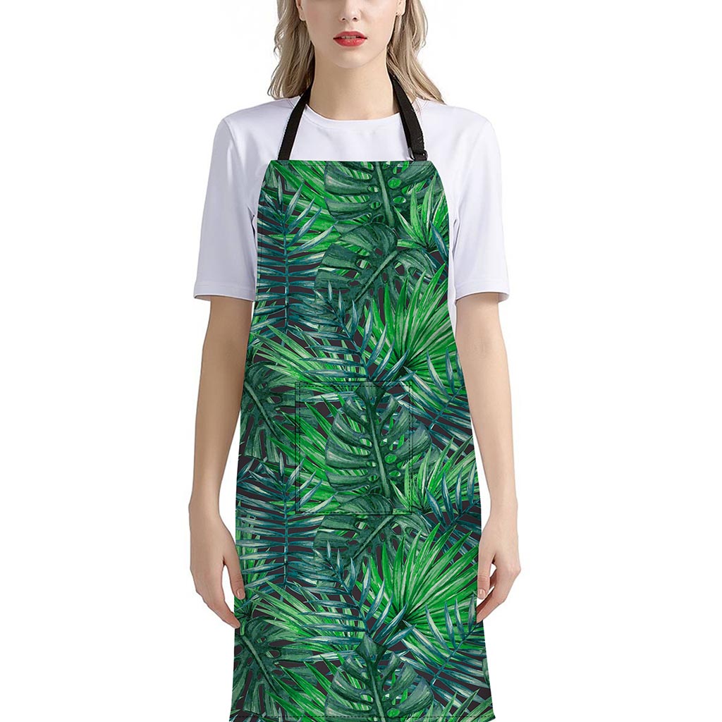 Watercolor Tropical Leaves Pattern Print Bib Apron With Pocket