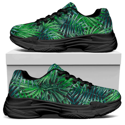 Watercolor Tropical Leaves Pattern Print Black Chunky Shoes
