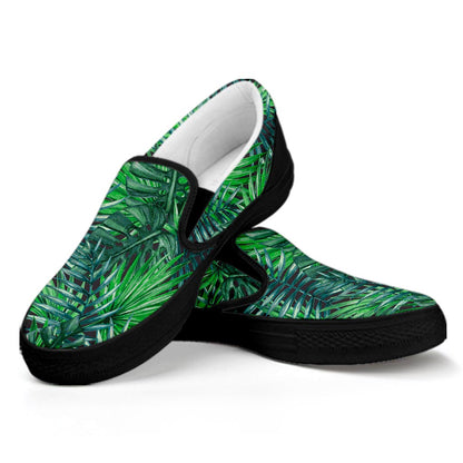 Watercolor Tropical Leaves Pattern Print Black Slip On Sneakers