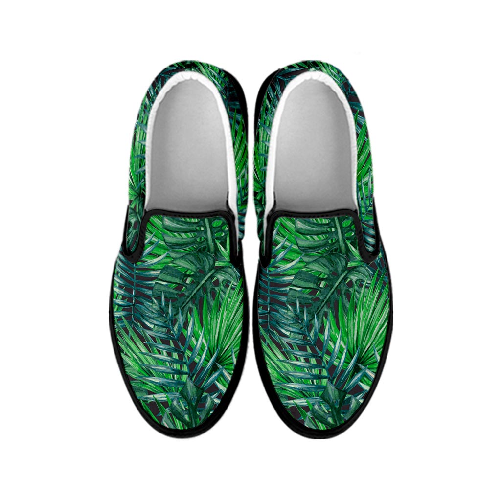 Watercolor Tropical Leaves Pattern Print Black Slip On Sneakers