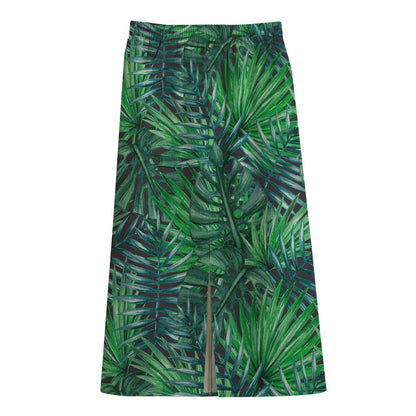 Watercolor Tropical Leaves Pattern Print Cotton Front Slit Maxi Skirt