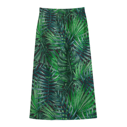 Watercolor Tropical Leaves Pattern Print Cotton Front Slit Maxi Skirt