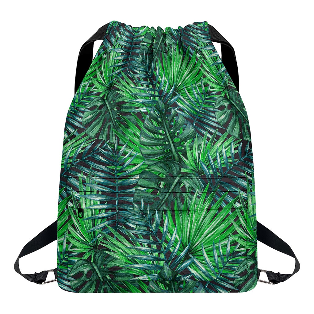 Watercolor Tropical Leaves Pattern Print Drawstring Backpack