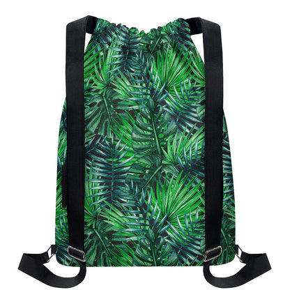 Watercolor Tropical Leaves Pattern Print Drawstring Backpack