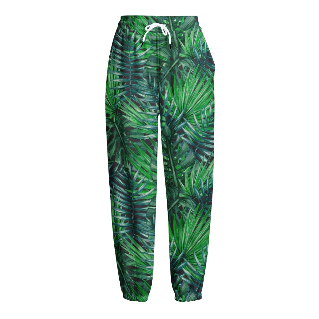 Watercolor Tropical Leaves Pattern Print Fleece Lined Knit Pants