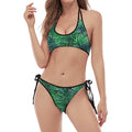 Watercolor Tropical Leaves Pattern Print Halter Scoop Tie Side Bikini