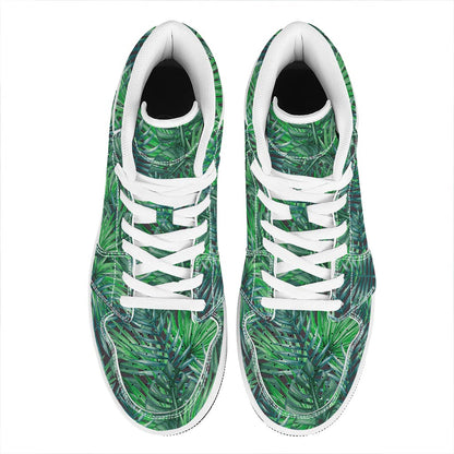 Watercolor Tropical Leaves Pattern Print High Top Leather Sneakers