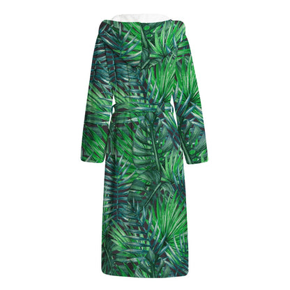 Watercolor Tropical Leaves Pattern Print Hooded Bathrobe