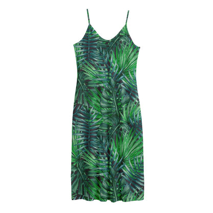 Watercolor Tropical Leaves Pattern Print Jersey Midi Cami Dress