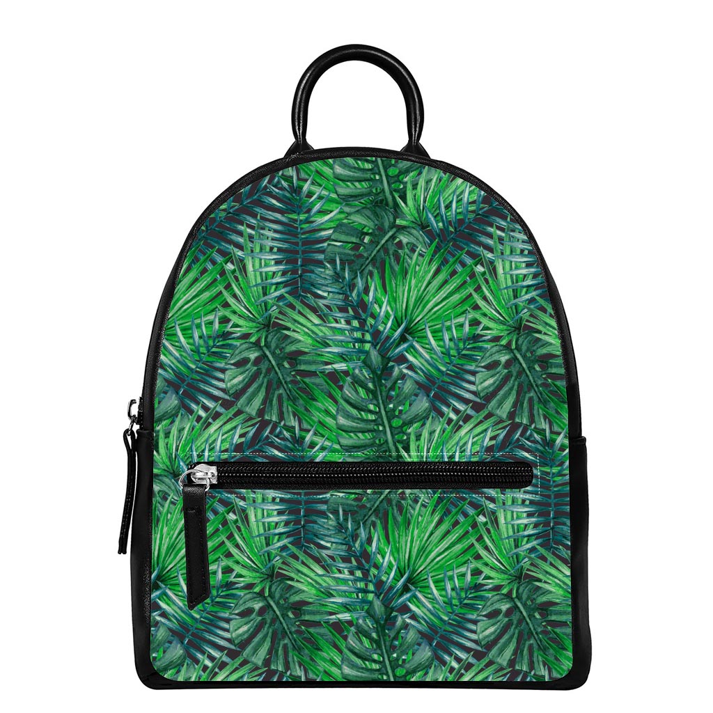 Watercolor Tropical Leaves Pattern Print Leather Backpack