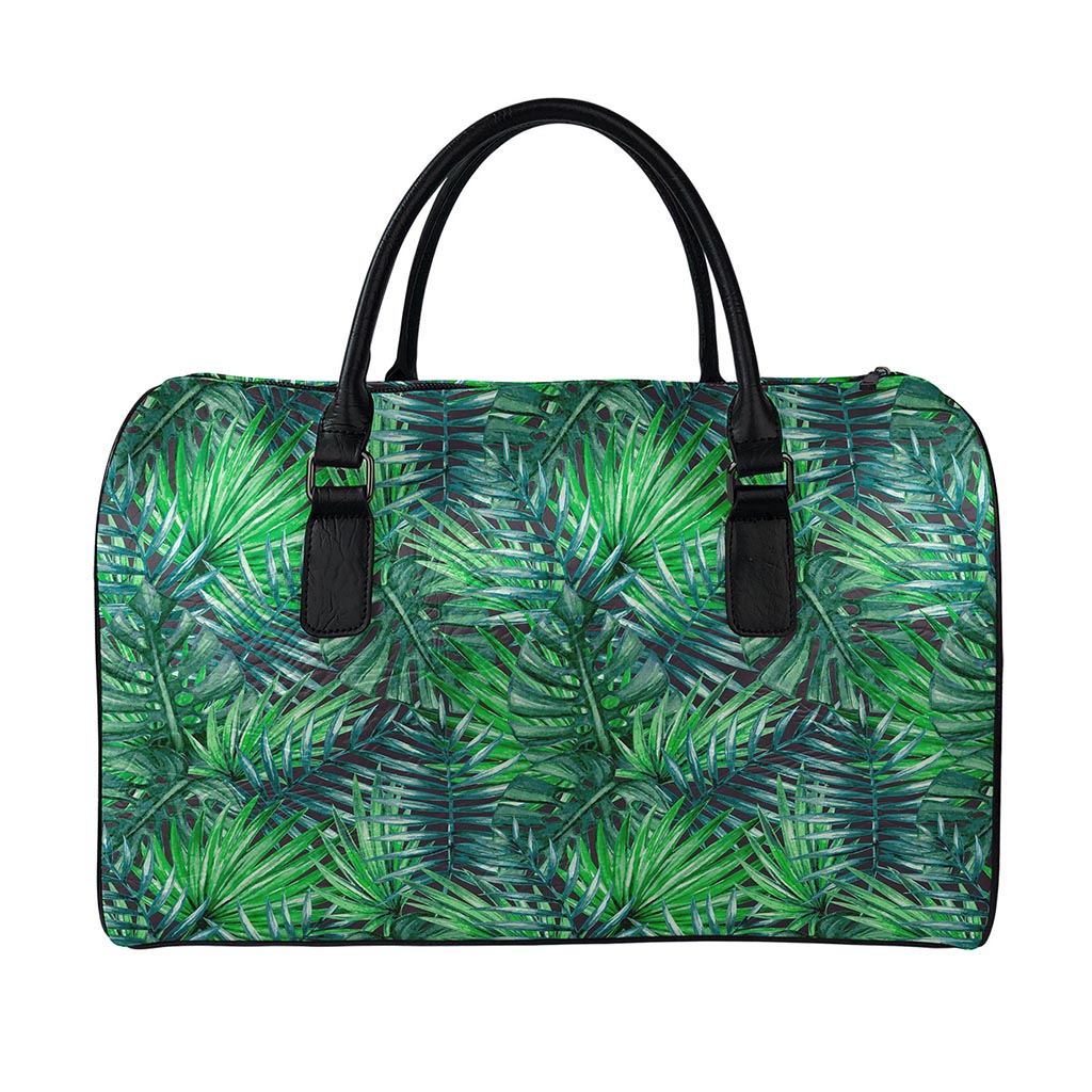 Watercolor Tropical Leaves Pattern Print Leather Duffle Bag