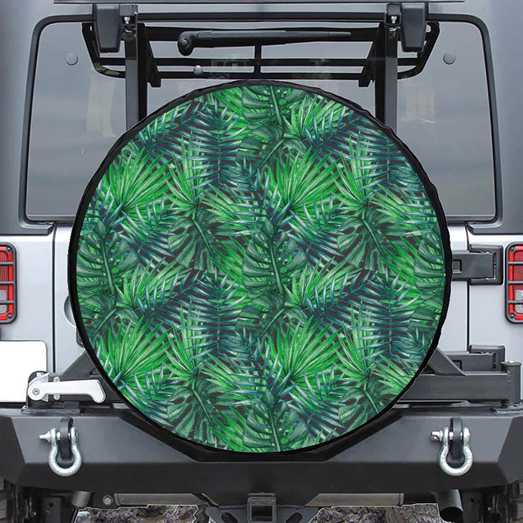 Watercolor Tropical Leaves Pattern Print Leather Spare Tire Cover