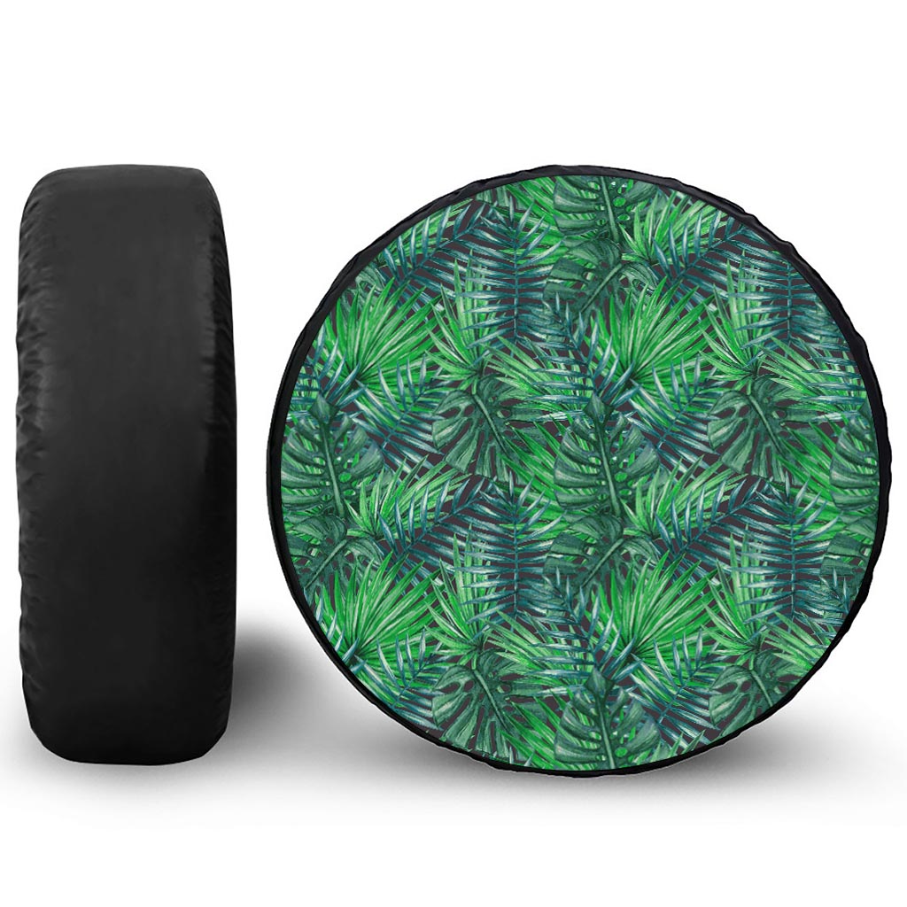 Watercolor Tropical Leaves Pattern Print Leather Spare Tire Cover