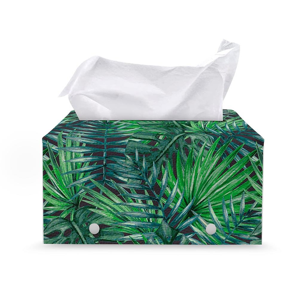 Watercolor Tropical Leaves Pattern Print Leather Tissue Box Cover