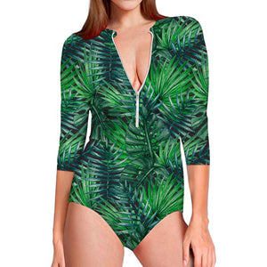 Watercolor Tropical Leaves Pattern Print Long Sleeve Swimsuit