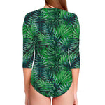 Watercolor Tropical Leaves Pattern Print Long Sleeve Swimsuit