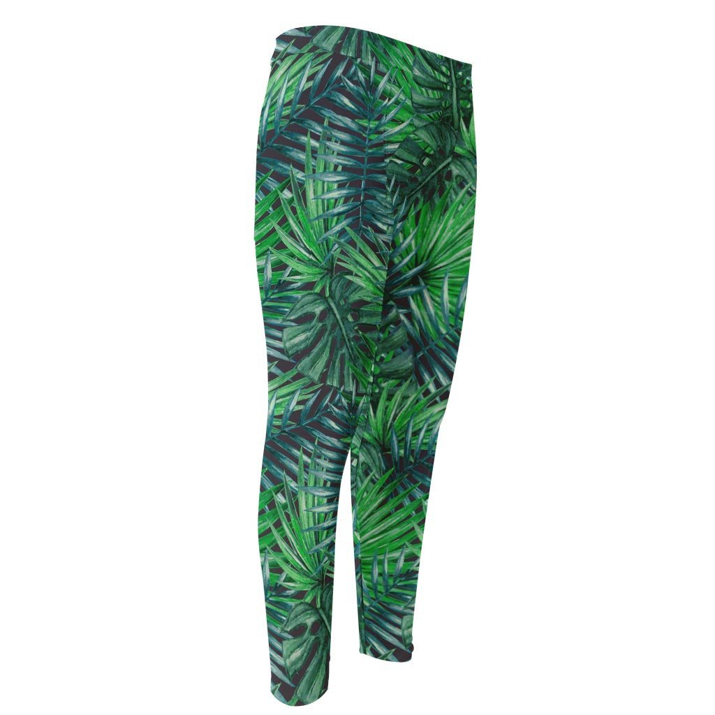 Watercolor Tropical Leaves Pattern Print Men's Compression Pants