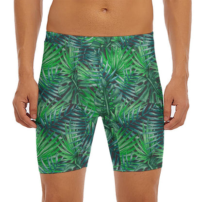 Watercolor Tropical Leaves Pattern Print Men's Long Boxer Briefs
