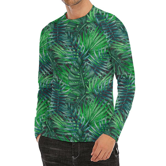 Watercolor Tropical Leaves Pattern Print Men's Long Sleeve Rash Guard