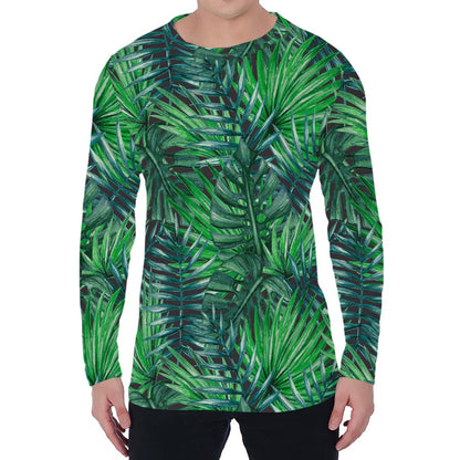 Watercolor Tropical Leaves Pattern Print Men's Long Sleeve T-Shirt