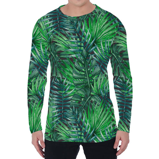 Watercolor Tropical Leaves Pattern Print Men's Long Sleeve T-Shirt