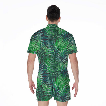 Watercolor Tropical Leaves Pattern Print Men's Rompers