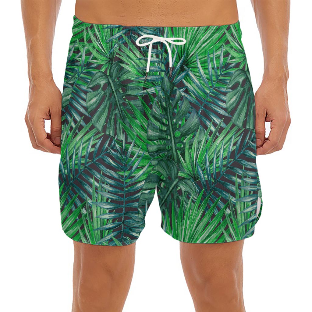 Watercolor Tropical Leaves Pattern Print Men's Split Running Shorts