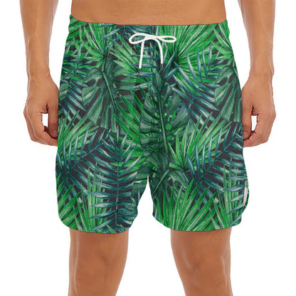 Watercolor Tropical Leaves Pattern Print Men's Split Running Shorts