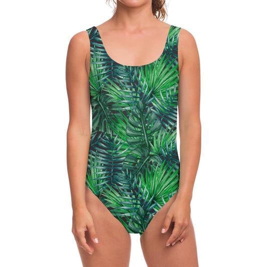 Watercolor Tropical Leaves Pattern Print One Piece Swimsuit