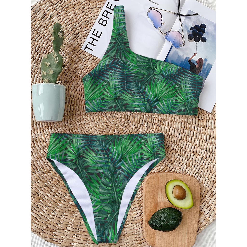 Watercolor Tropical Leaves Pattern Print One Shoulder Bikini Top