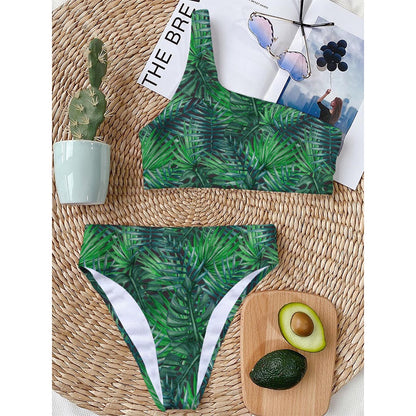 Watercolor Tropical Leaves Pattern Print One Shoulder Bikini Top