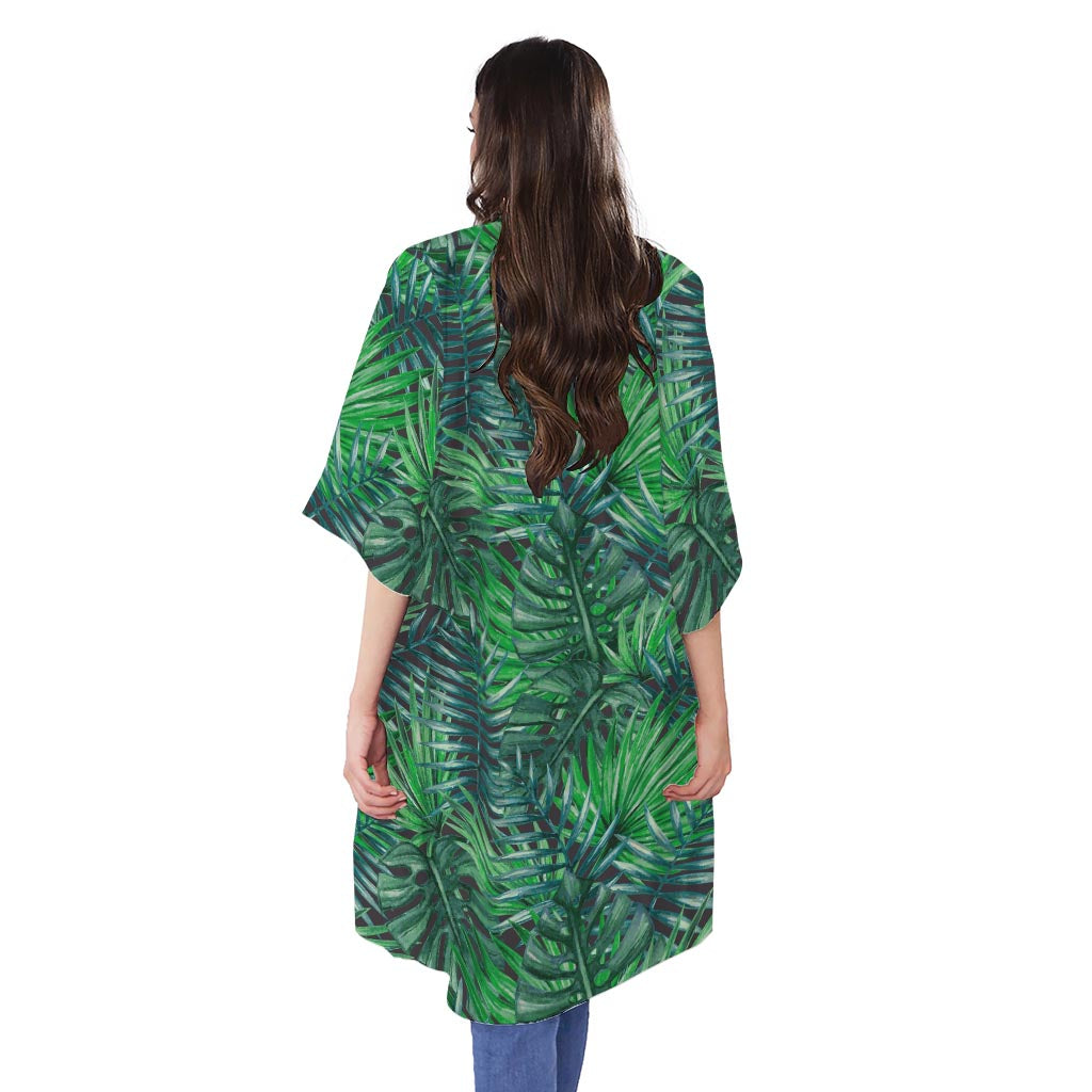 Watercolor Tropical Leaves Pattern Print Open Front Beach Cover Up